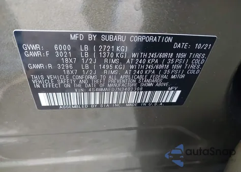 2022 Subaru Ascent Premium из США, поврежденный, VIN 4S4WMAED7N3402308